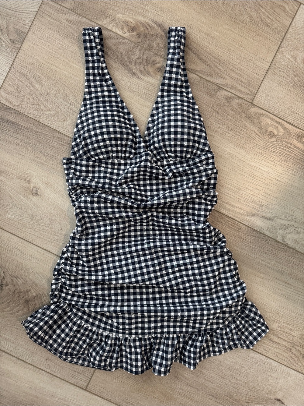 J. Crew Black and White Gingham Girls One-Piece Swimsuit with Ruffle Hem